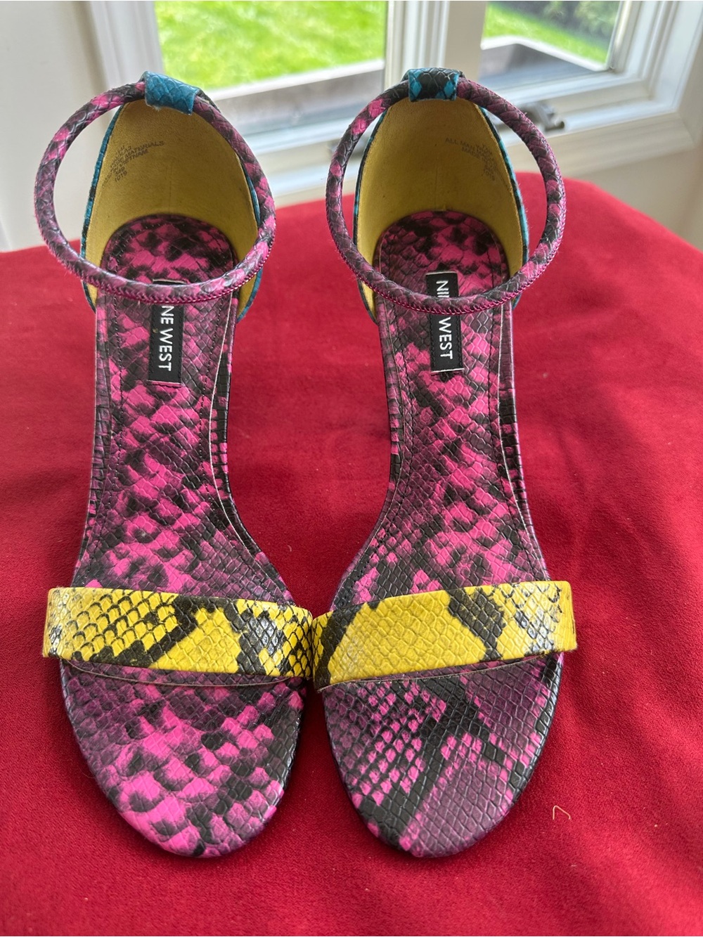 Nine West Pink and Yellow Snake-Print Ankle-Strap Sandals